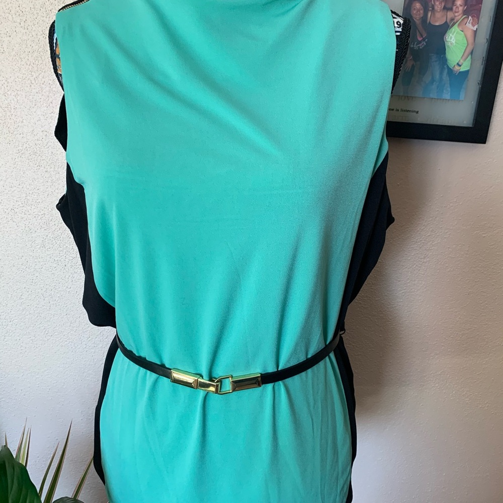 Sleeveless Teal Shift Dress with Black Side Panels and Gold Accent Belt